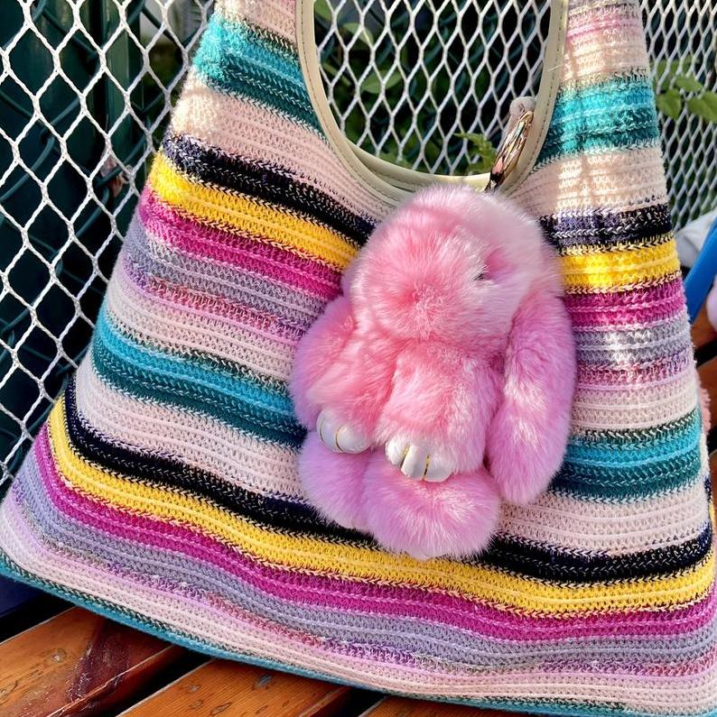 Handmade Bunny PomPom Keychain ,Mother's Day gift, Gift for Girls & Kids, Charm Accessory for Anxiety Relief