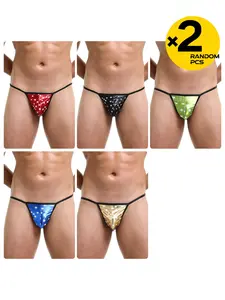 2/3/4 Pcs Random Color Men's Faux Leather Printed Thongs, Sequin Star & U-convex T-style Design, Stylish Underwear Set