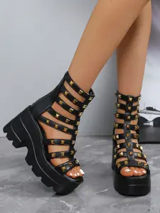 Women's 9CM Height Boost Gladiator Sandals | For Festival & Gothic Streetwear | Y2K Punk Style | PU Leather Gold Studded Non-Slip Sole | For Rave, Cosplay, Daily Wear