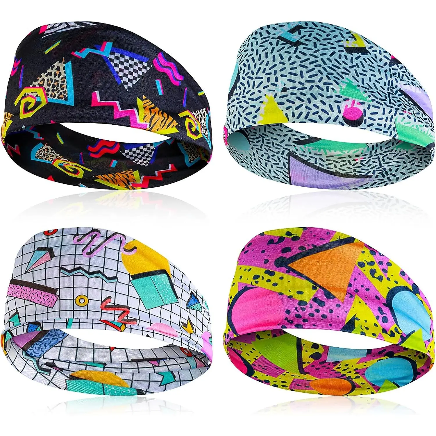 4-Pack 80s Retro Headbands for Women and Men, Neon Prints Polyester Blend, 1-Size-Fits-All Breathable Fabric for Yoga, Sports & Parties