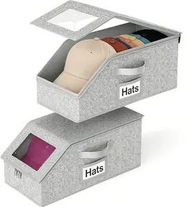 Renters Must‑Have! No One Can Resist 2 PCS Stackable Grey Hat Storage Organizer, 24‑Cap Sturdy Cardboard Snapback Boxes for Men Closet Storage