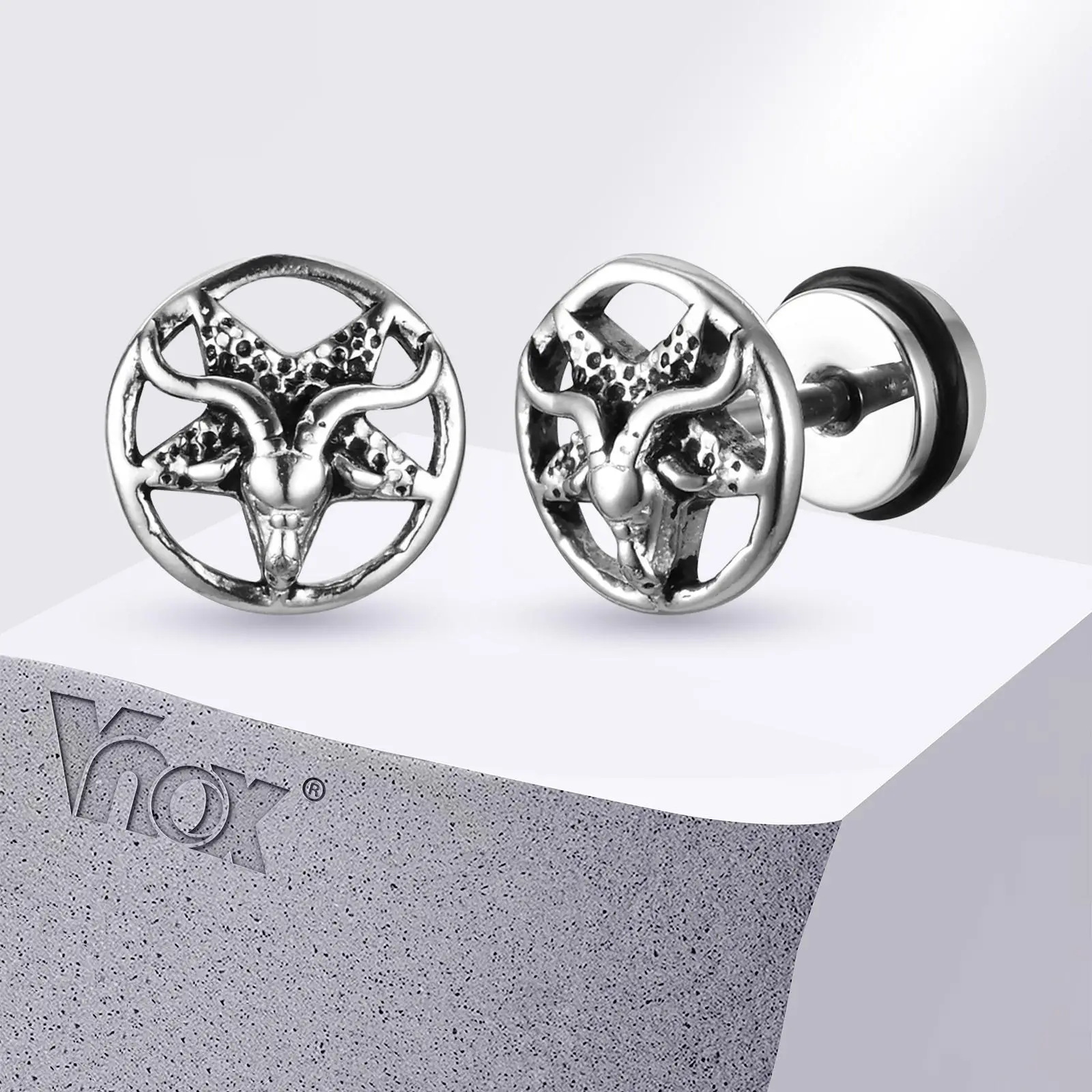 Vnox Gothic Devil Satanic Goat Satan Stud Earrings for Men Boys, Vintage Stainless Steel Star Demon Baphomet Earrings Jewelry