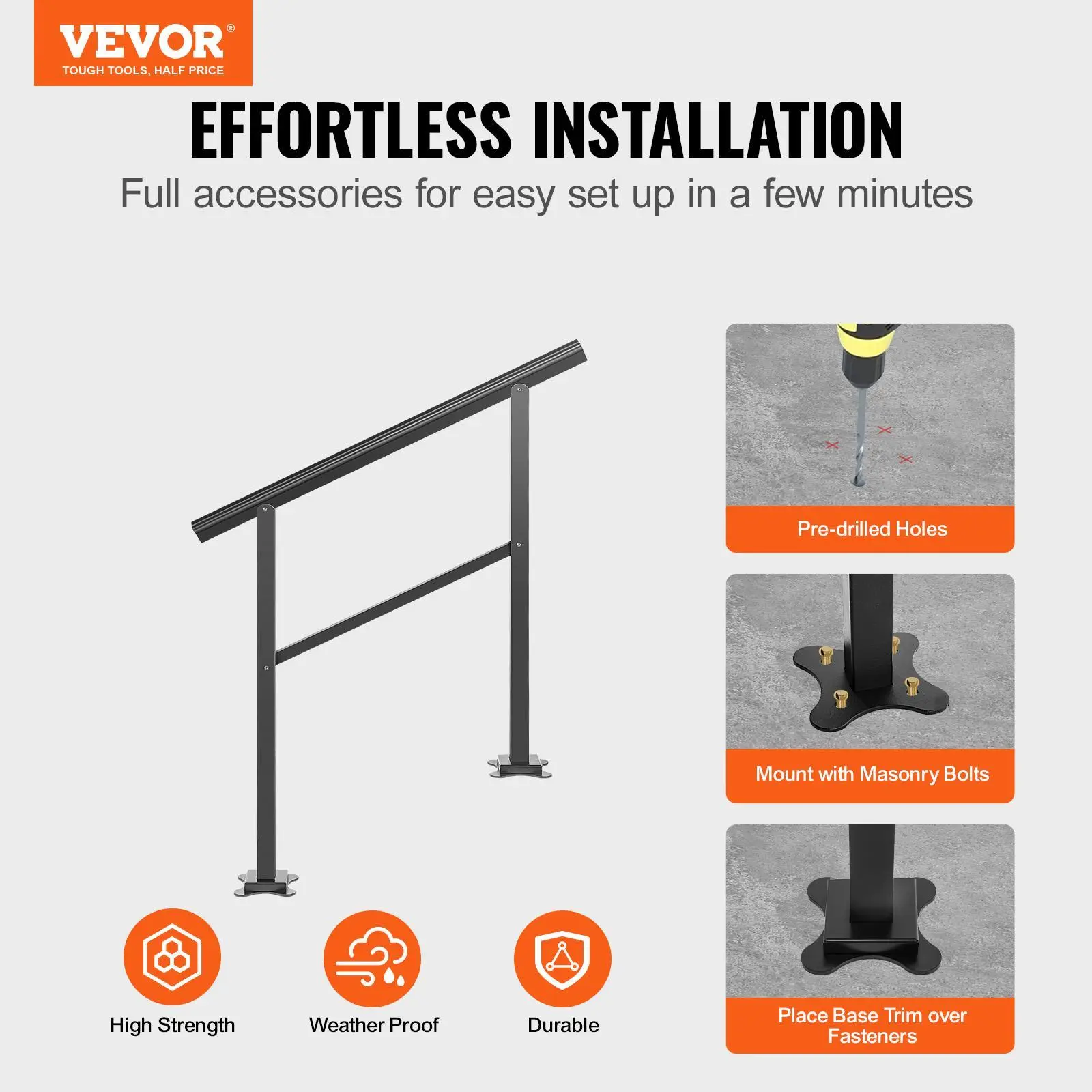 VEVOR Aluminum Outdoor Stair Handrail, 165LBS Load Capacity, 36x35\" (91x89.5 cm) Metal Railing for 2-3 Steps, 0-30° Transitional Range, Walking Support with Screw Kit & Allen Wrench for Gardens#BacktoSchool