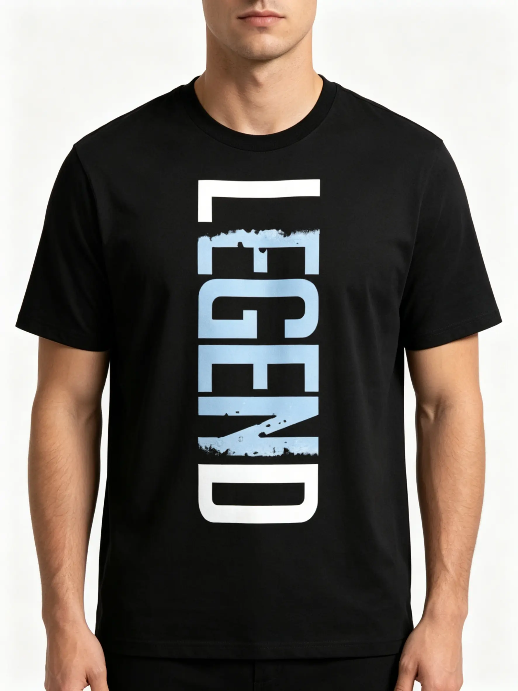 Vertical Stacked LEGEND Two Tone White Light Blue Grunge Distressed Letter Streetwear Unisex Black Cotton Tee
