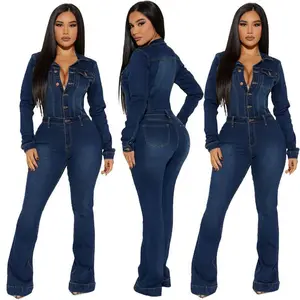 European and American slim fit elastic flared pants gray long sleeved denim jumpsuit