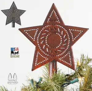 CHRISTMAS TREE STAR - Handcrafted Punched Topper in Rustic & Blackened Tin