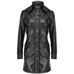 Women's Real Black Leather Trench Coat with Removable Hood