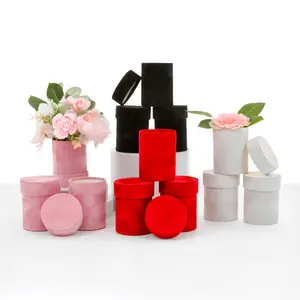 Pack of 3, Single Rose Velvet Boxes, Party Favor Boxes - Various Colors, 3.2" dia. x 3.9" | W734