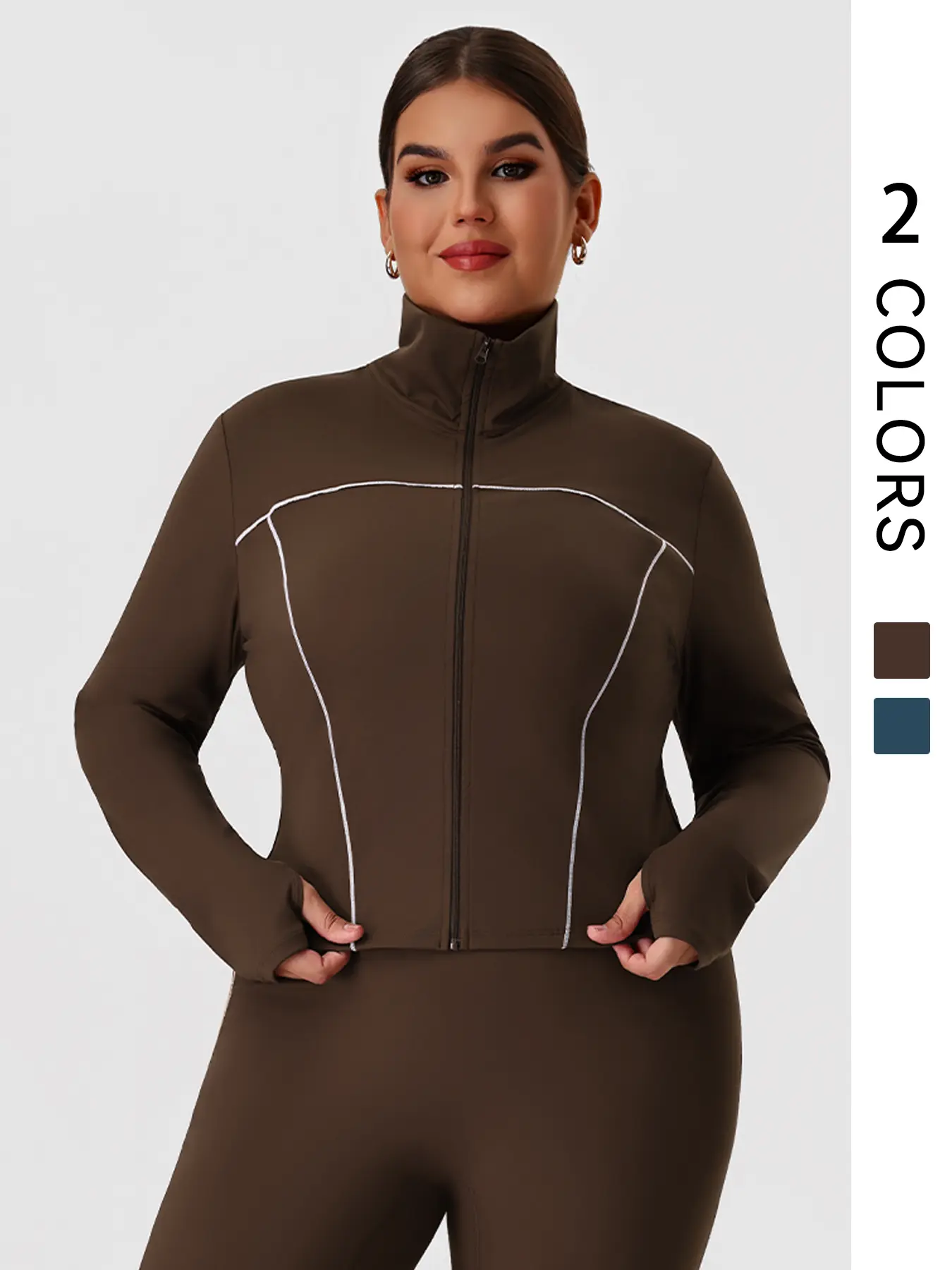 Women's Plus Size Fitness Training Track Jacket, Athletic Jacket, Colorblock Zipper Long Sleeve Thumb Hole Outdoor Elastic Sports Coat, Running Gym Workout Outerwear