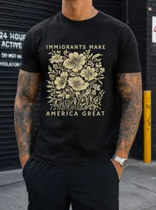 Immigrants Make America Great Floral Graphic Tee Vintage Washed Cotton T Shirt For Men Women Patriotic Statement Streetwear Tee