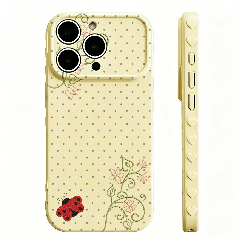 Love ladybug flower dot pattern TPU phone case, summer dopamine color matching, all inclusive protective case, suitable for iPhone 17 16 Pro Max Plus 15 14 13 clean girl phone case -B010