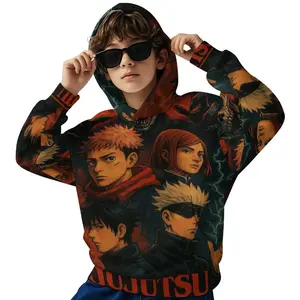 Jujutsu Kaisen Print Hoodie, Casual Long Sleeve Pullover, Slight Stretch Knit Fabric, Regular Fit Hooded Sweatshirt for Fall/Winter A0929-186