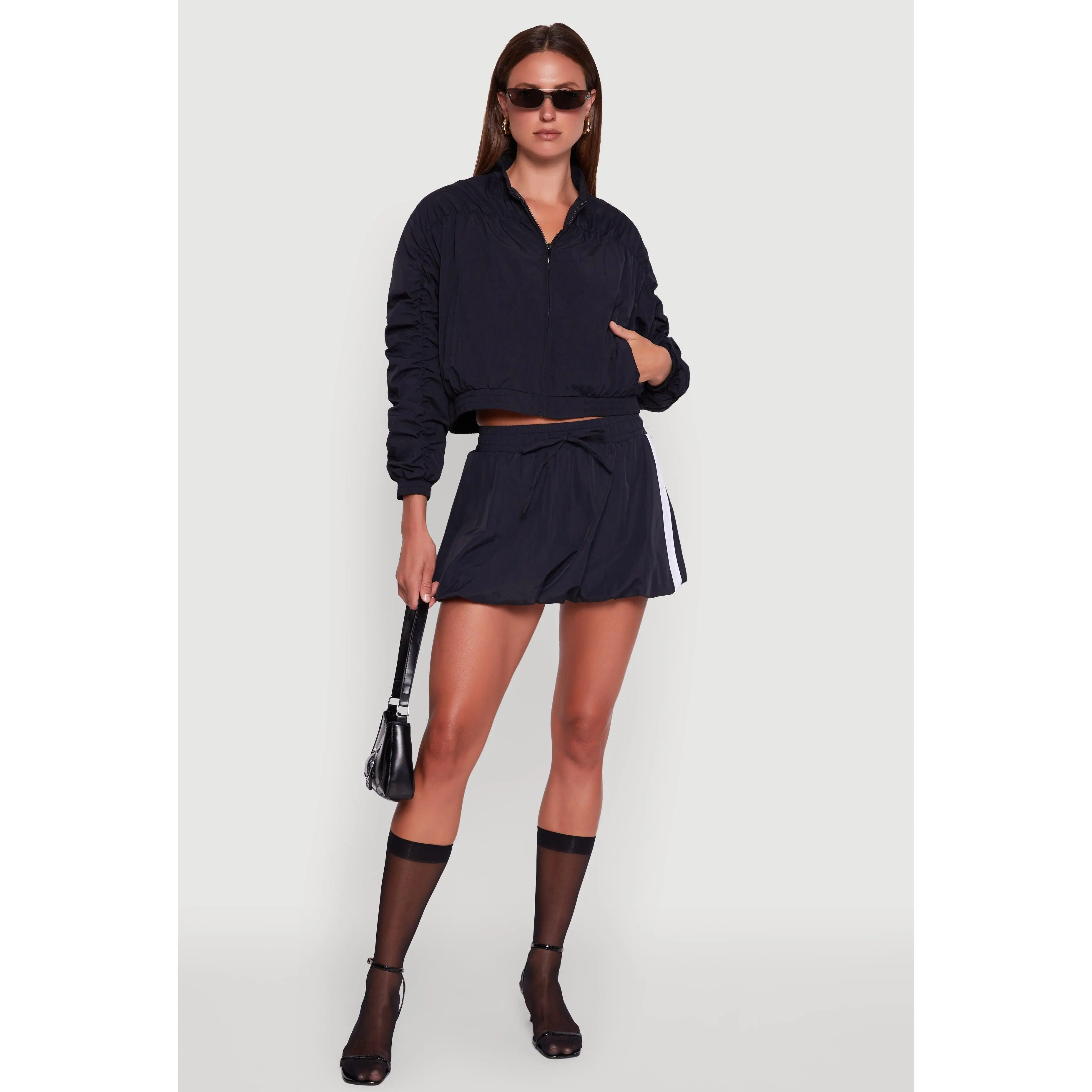 Ruched Long Sleeve Zip Front Windbreaker Jacket