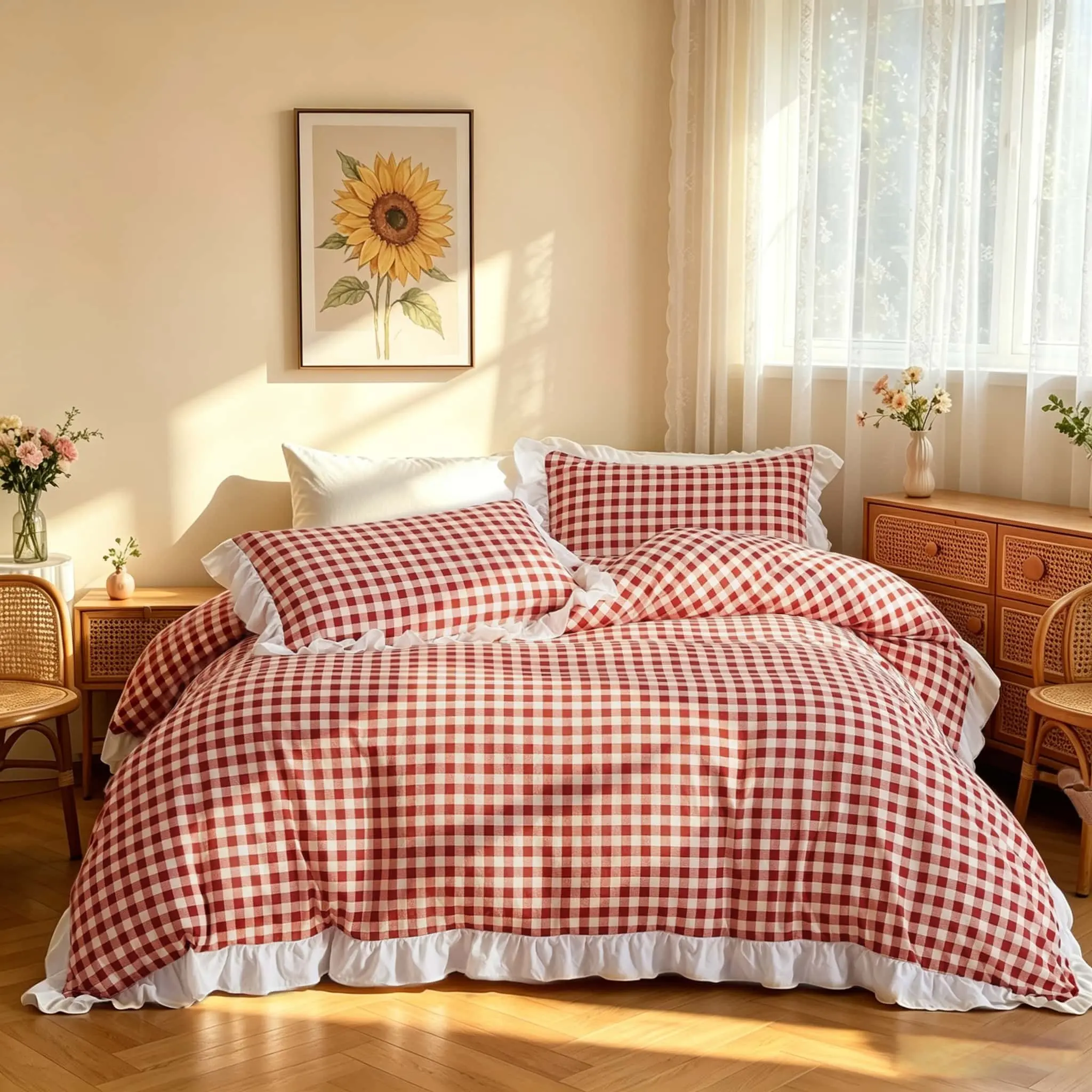 3pcs Cute Plaid Bedspread Set, Checkered Bedding Set, Soft Ruffled Design, (Include 1*Duvet Cover, Without Duvet Insert,2 *Pillowcases, Without Pillow Core), Easy to Clean, Perfect Gift