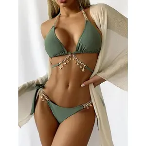 Women's rhinestone decorative chain triangle bra and high waisted underwear two-piece bikini set, elegant camisole lace up swimming bra and lace up side swimsuit, swimsuit, summer clothing, back to school bikini set, underwater women's swimsuit
