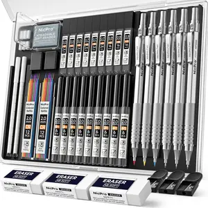 Nicpro 35PACK Black Metal Mechanical Pencils Set in Case, Art Drafting Pencil 0.5, 0.7, 0.9 mm & 3 PACK 2mm Graphite Lead Holder for Drawing Sketching With 20 Tube Lead Refills(6B 4B 2B HB 2H 4H Colors)