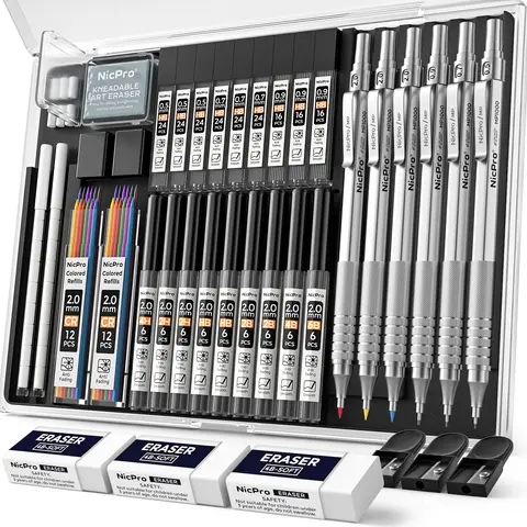 Nicpro 35-Pack Black Metal Durable Refillable Assorted Pencils Set with Case - Writing Tools, Mechanical Pencil Set for Art & Drafting, 0.5/0.7/0.9mm Precision Tools, 3-Pack 2mm Graphite Lead Holders, 20-Tube Refills (6B,4B,2B,HB,2H,4H), Office Stationery