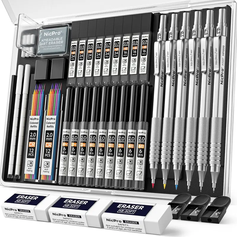 Nicpro 35-Pack Black Metal Durable Refillable Assorted Pencils Set with Case - Writing Tools, Mechanical Pencil Set for Art & Drafting, 0.5/0.7/0.9mm Precision Tools, 3-Pack 2mm Graphite Lead Holders, 20-Tube Refills (6B,4B,2B,HB,2H,4H), Office Stationery