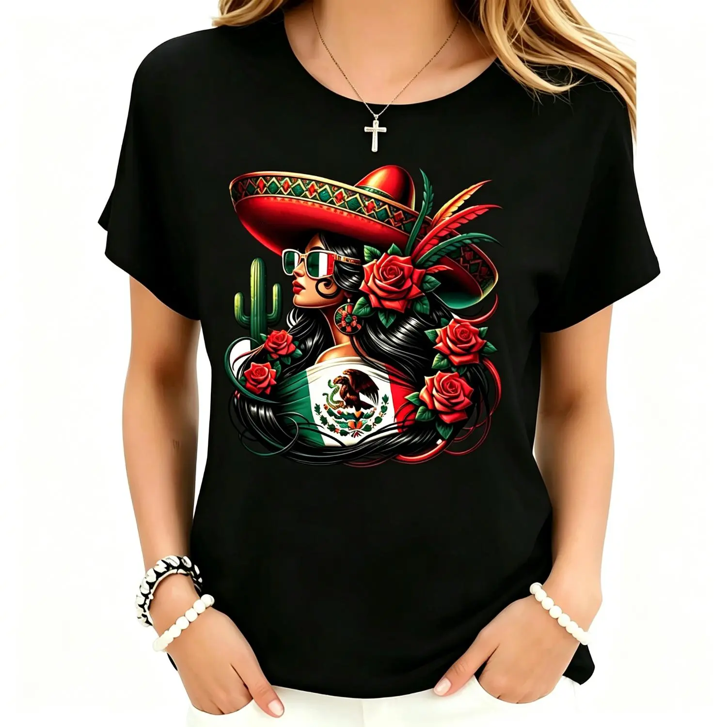 Chicana Culture Mexican Flag Eagle Floral Cotton T-shirt Mexico Flag Senorita Floral Fashion Tee Chicana Beauty Rose Eagle Sombrero Casual Cotton T-shirt for Women,music