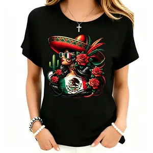 Chicana Culture Mexican Flag Eagle Floral Cotton T-shirt Mexico Flag Senorita Floral Fashion Tee Chicana Beauty Rose Eagle Sombrero Casual Cotton T-shirt for Women