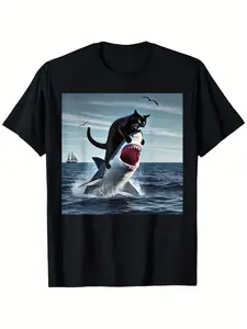 100% Cotton Cat Biting Shark Graphic Tee| Relaxed Fit, Short Sleeve, Casual & Comfortable| Machine Washable Black T-Shirt with White & Blue Comic Book Style Design| Trendy Animal Print, Streetwear Vibes, All-Season Unisex Apparel S-XXXL