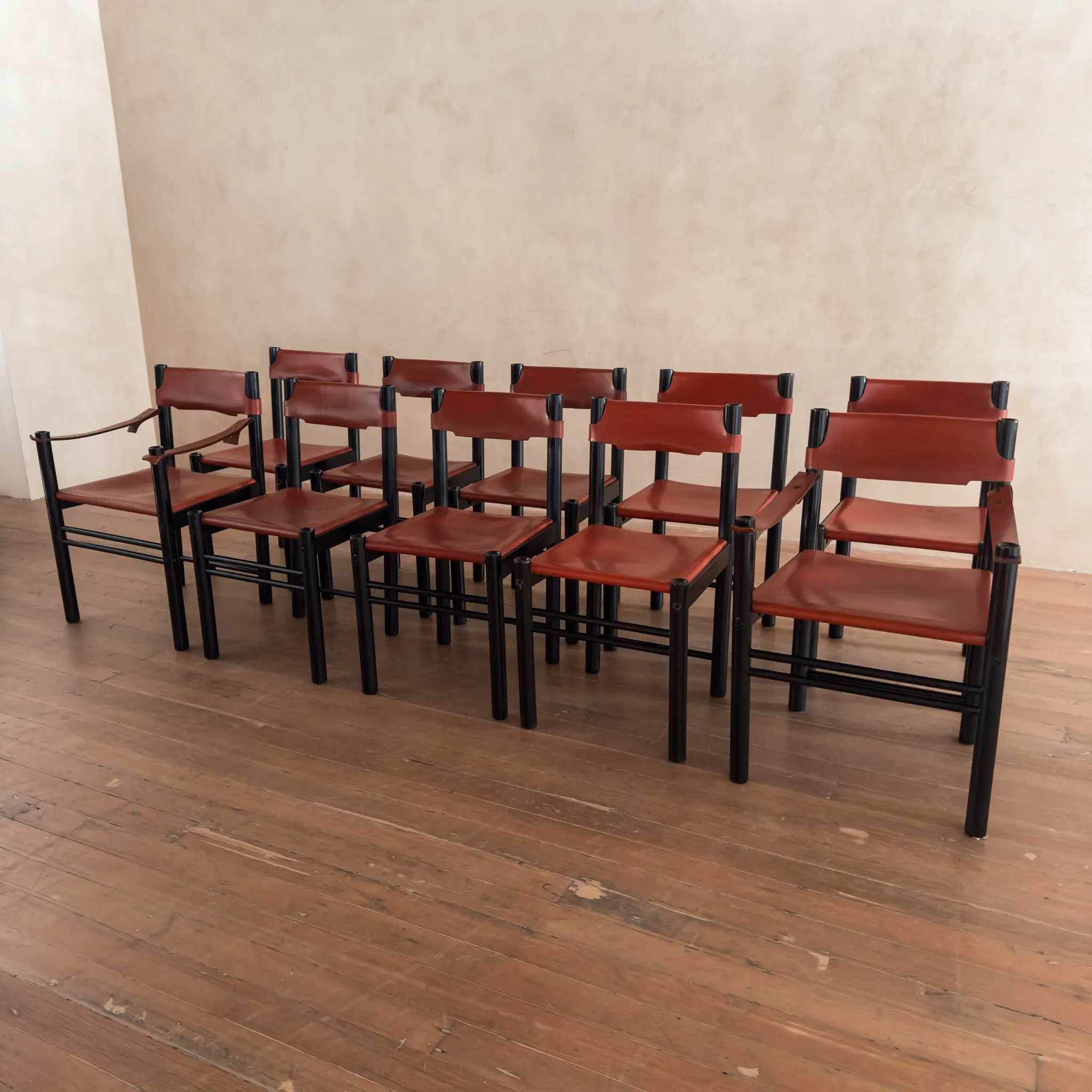 Set of 10 Italian Leather Dining Chairs by Ibisco, 1960's