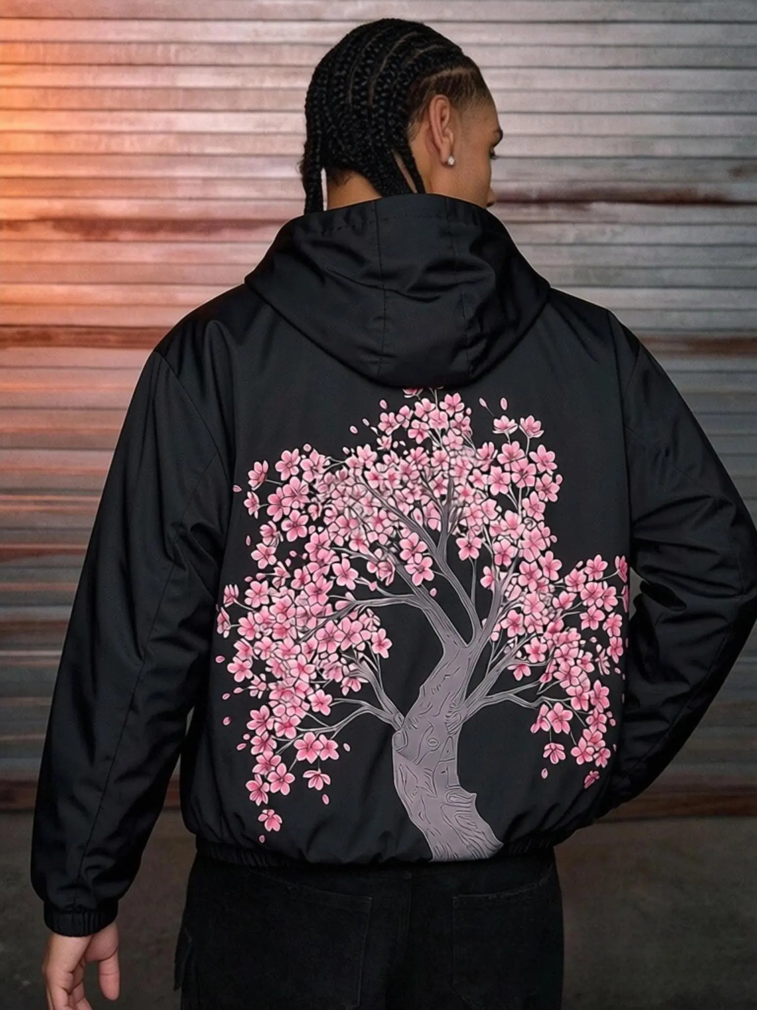 Men's Lightweight Zip Up Hooded Windbreaker Jacket, Big Back Cherry Blossom Tree Graphic Print Elastic Cuff Hem Loose Fit Bomber Coat, Hip Hop Japanese Aesthetic Streetwear Casual Outerwear with Side Pockets for Spring Fall Daily Street Fashion Outfits