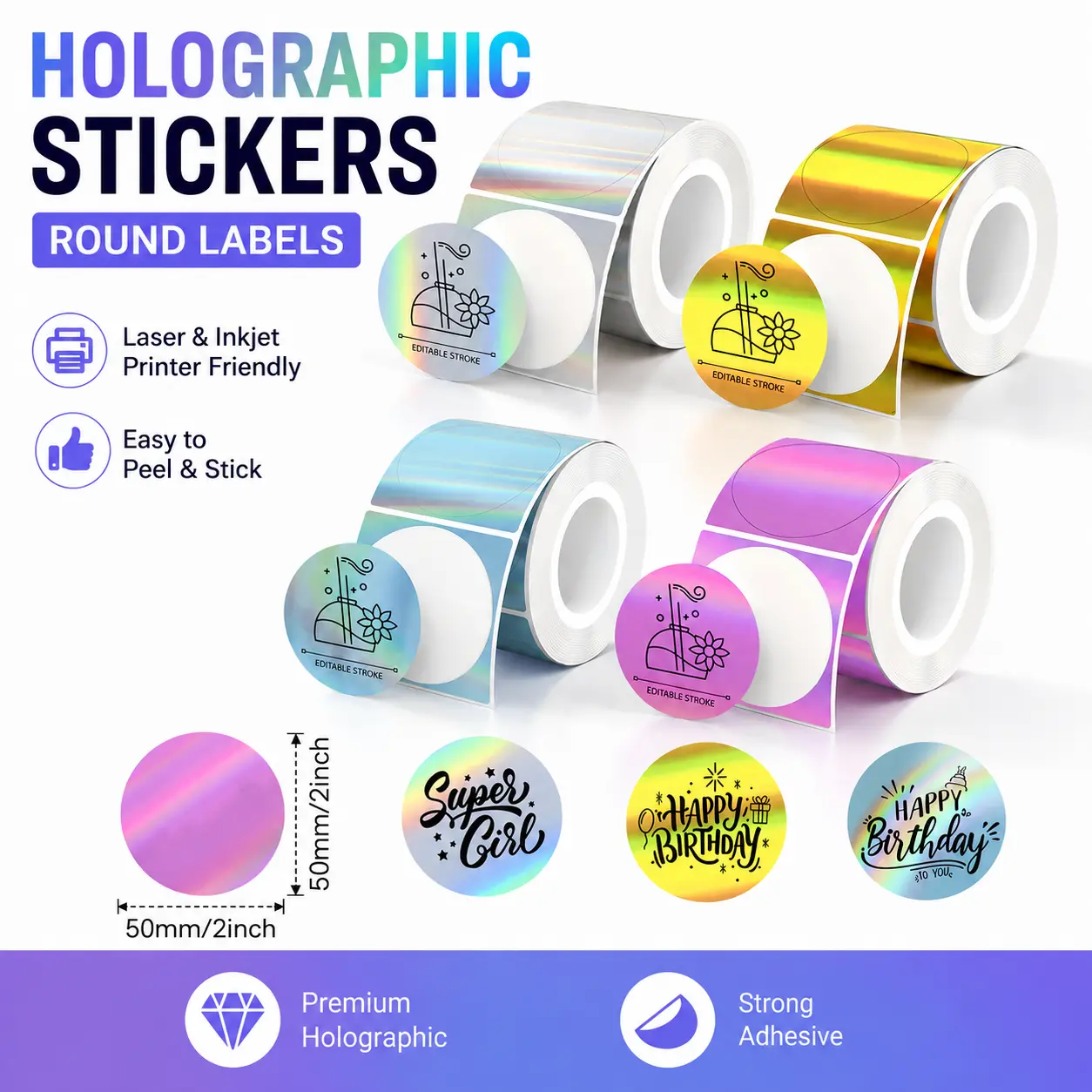 Holographic High-Viscosity Pressure-Sensitive Circle Sticker Label (50x50mm, B3S, Clabel 221b) - 4 Rolls (Gold, Silver, Purple, Blue) Office Stickers, Compatible with M110-M102-P1-P2 Thermal Label Printer, for Small Business Supplies, DIY Crafts