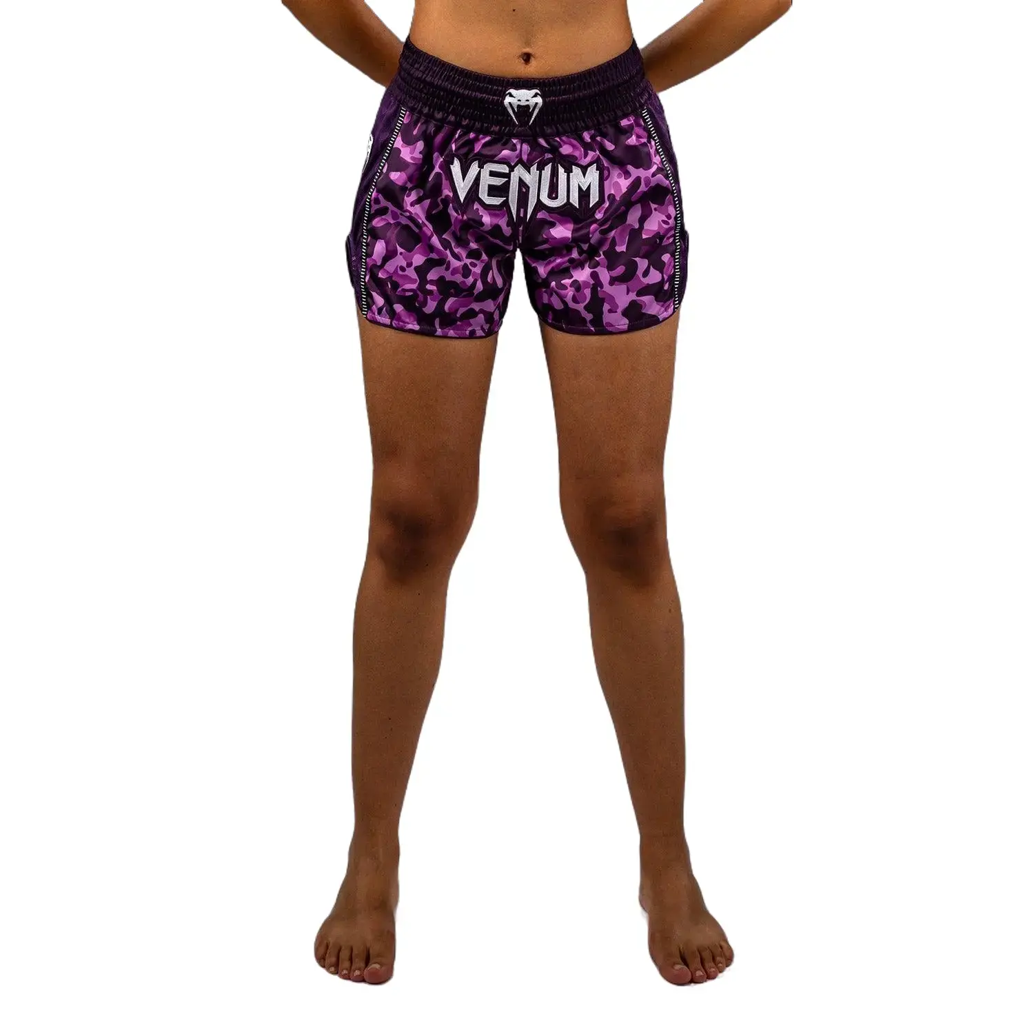 Venum Iris Women's Muay Thai Shorts, Lightweight Athletic Fitness Shorts in Plum/Pink with Side Slits for Gym & Training, Lightweight Performance Shorts
