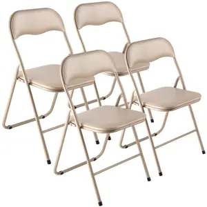 VEVOR 4 Pack Folding Chairs, Foldable Leather Chairs with Heavy Duty Metal Frame & Padded Cushion, Portable Folding Card Table Chairs, Stackable Seats for Home, Yard, Garden, Parties, Events, Khaki
