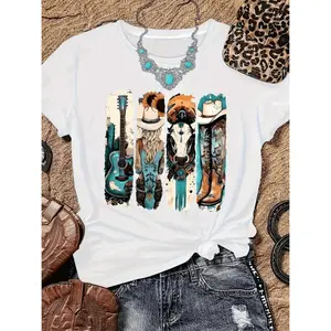 Women's Retro Western Cowboy Print TShirt Featuring Short Sleeves Round Neck Design with Cowboy Boots Hat and Guitar Accents Made from Breathable SemiSheer Fabric EasyCare Casual Spring and Summer Top Lightweight Comfortable Summer Fashion Tee