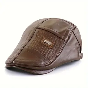 Stylish Men's PU Leather Beret - Faux Leather News Cap with Herringbone Design, Perfect for Autumn & Winter
