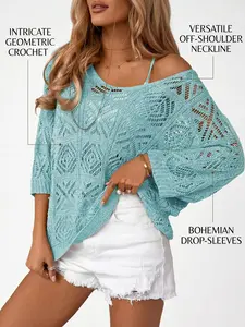 Women's Crochet Sweater Lightweight Hollow Out Knit Pullover Tops Casual Loose 3/4 Sleeve Boho Shirts Cover Ups