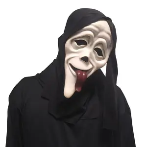 Halloween scary ghost face mask with a protruding red tongue, natural rubber scary black hooded headwear, suitable for parties and performances, Realistic Mask, for ages 14 and above.