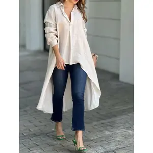 Full Size High-Low Collared Neck Long Sleeve Shirt Top Womenswear