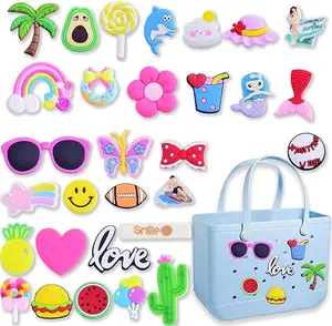 30-piece decorative charm assortment for rubber beach totes featuring letters, floral accents, baseball theme, cute summer-inspired handbag embellishments