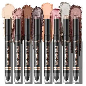 8Colors Dual-Ended Cream Eyeshadow Stick Set Silky Smooth Waterproof Transfer-Proof Built-in Blender Brush All-Day Matte Shimmer Wear Eye Makeup A