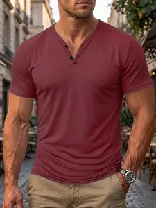 Men's Lightweight Breathable V-Neck Henley Shirt, Solid Color Button Decor, Stretchy Workout Top, Fitness Sport Top, Gym Shirt, Athletic Tee, Athletic Training Tops, Ideal for Running, Training, Travel, Fitness, Outdoor Activities