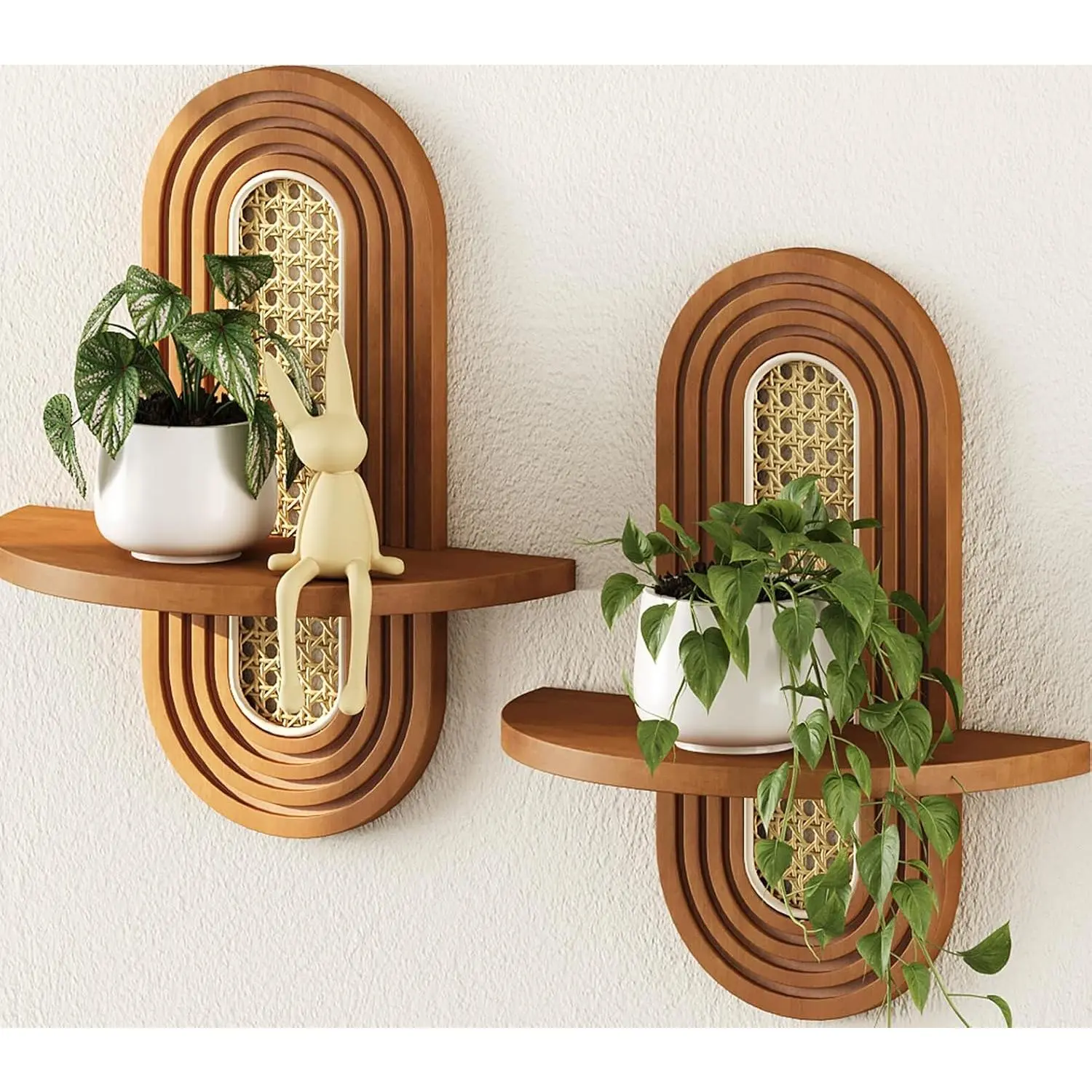 Set of 2 Floating Shelves for Wall, Boho Rattan Plant Shelf Mid Century Wall Mounted Natural Wood Decorative Shelf for Living Room Bedroom Nursery Room (Walnut)