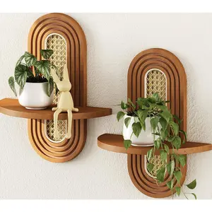 Set of 2 Floating Shelves for Wall, Boho Rattan Plant Shelf Mid Century Wall Mounted Natural Wood Decorative Shelf for Living Room Bedroom Nursery Room (Walnut)
