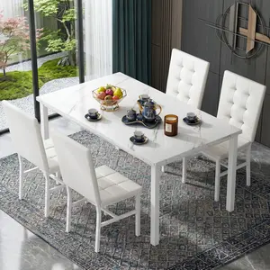 5 Piece Modern White Dining Table Set, Rectangular Composite Wood Dinner Table with Solid Metal Frame, 4 Seater PU Leather Upholstered Solid Back Chairs, Easy Clean Space Saving Home Furniture for Kitchen Living Room Small Household