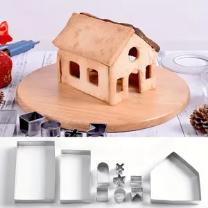 3D Gingerbread House Shaped Mold, 10pcs/set Stainless Steel Biscuit Mold, DIY Fondant Cake Baking Tools, Kitchen Baking Supplies