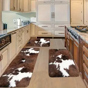 3pcs Summer Kitchen Mats, Brown And White Cowhide Print Kitchen Rugs, Flannel Material,  Suitable for Dining Room, Hallway, Room,  Exquisite Gift Set.