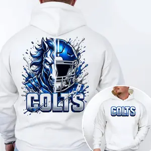 Colts Football 2 Sided Hoodie, Football Player T-shirt, Sports Apparel, Blue Helmet & Bow Pullover Classic T-shirt, Graphic Printed Streetwear Top, 100% Cotton, Gift For Fans