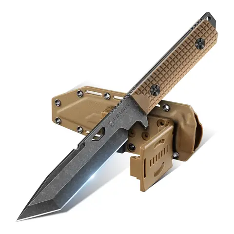 Dragon Creek Full Tang Survival Gear Knife - Brown Non-Slip G10 Handle, Kydex Sheath, Multi Functional EDC Tool, Outdoor Camping & Sports Outdoor Essential, Adults' Cool Gift