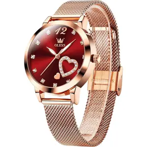 OLEVS Womens Watch, Small Wrist Rose Gold Tone Cute Diamond Heart Arabic Numerals Dial Ladies Watch, Fashion Waterproof Mesh Bracelet Analog Dress Watch for Women