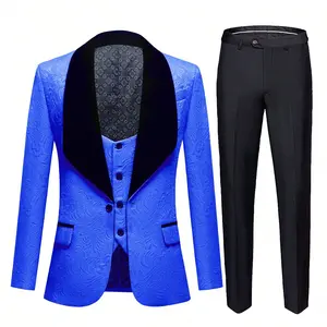 Gentlemen's Three-Piece Dark Blue Jacquard Tuxedo Ensemble Slim-Fit Single-Breasted Shawl Collar Jacket With Matching Vest And Trousers