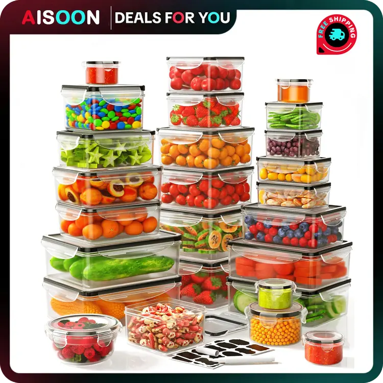 AISOON 40 PCS Extra Large 85oz Plastic Airtight Food Storage Containers Set (20 Containers + 20 Lids) - Square, Round, Rectangular, Leakproof, Reusable, Microwave & Dishwasher Safe, with Labels & Pen for Storage Organization, Kitchen, Utensils, Washable