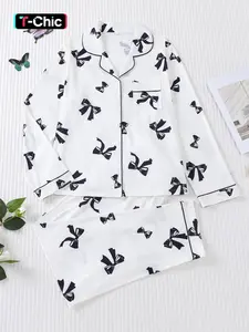 Two-Piece Set Women's All Over Christmas Print Button Front Shirt & Elastic Waist Pants Pyjama, Sweetheart Pajama Set, Casual Comfy Long Sleeve Lapel Neck Top & Trousers Set, Ladies Sleepwear for Spring & Fall, Loungewear