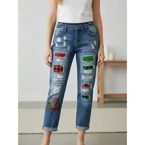Denim jeans with a Christmas tree print, distressed hole design, cat ear details, elastic waistband—all-season casual pants GARMENTARY